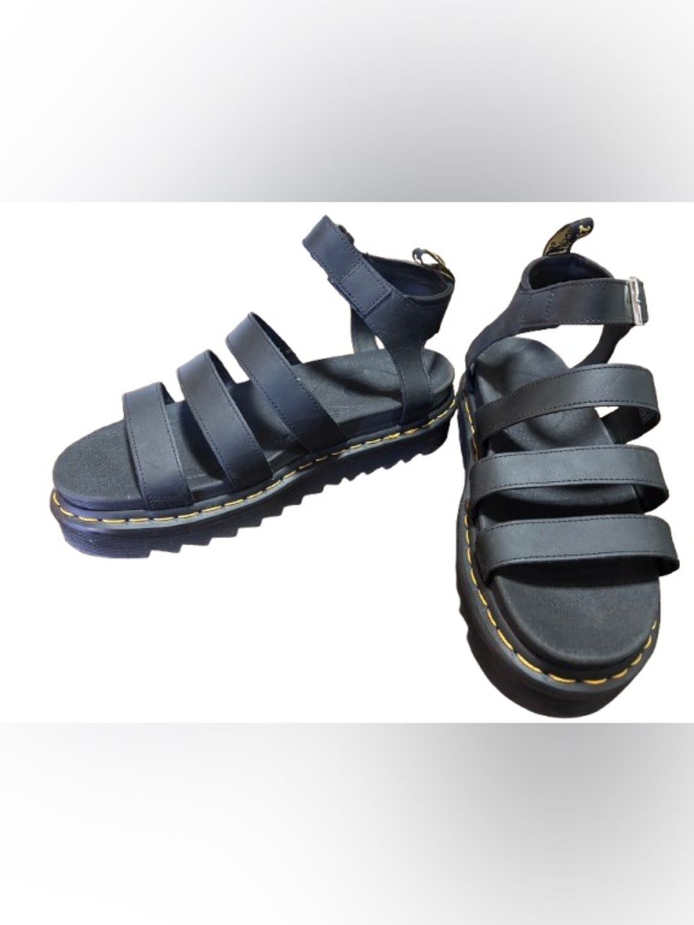 Dr. Martens Black Strappy Platform Sandals with Yellow Stitching